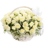 51 белая роза с гипсофилой в корзине
